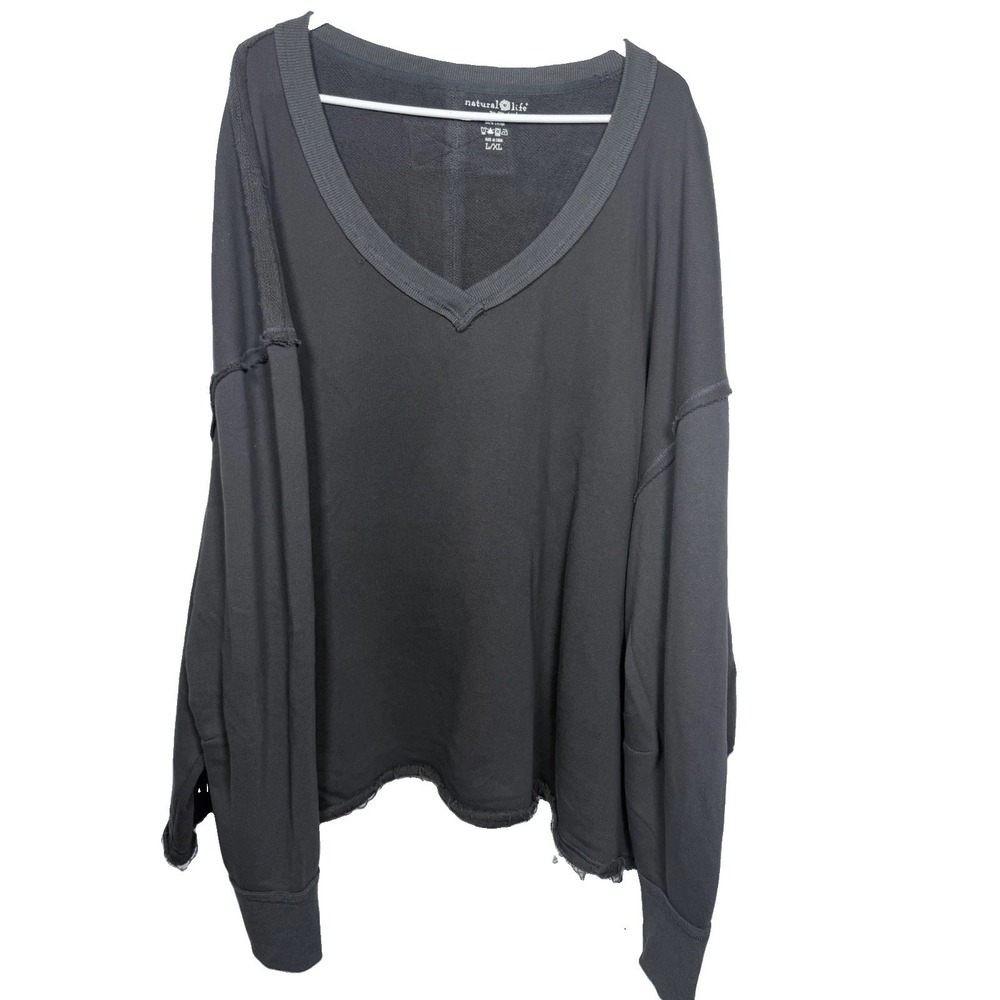 Natural Life Oversized Sweatshirt L XL Gray Knit Trim Raw Hem V Neck Boho